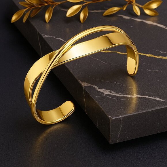 🆕️18K Gold Plated Overlap Cuff Bangle Bracelet | Minimalist Elegant Jewelry ✨ - Picture 1 of 9